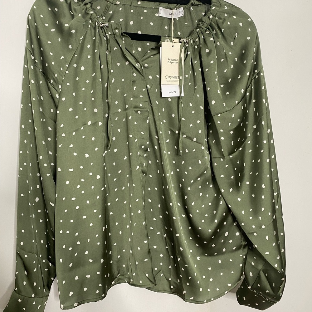 MANGO green long sleeve blouse with white polka dots